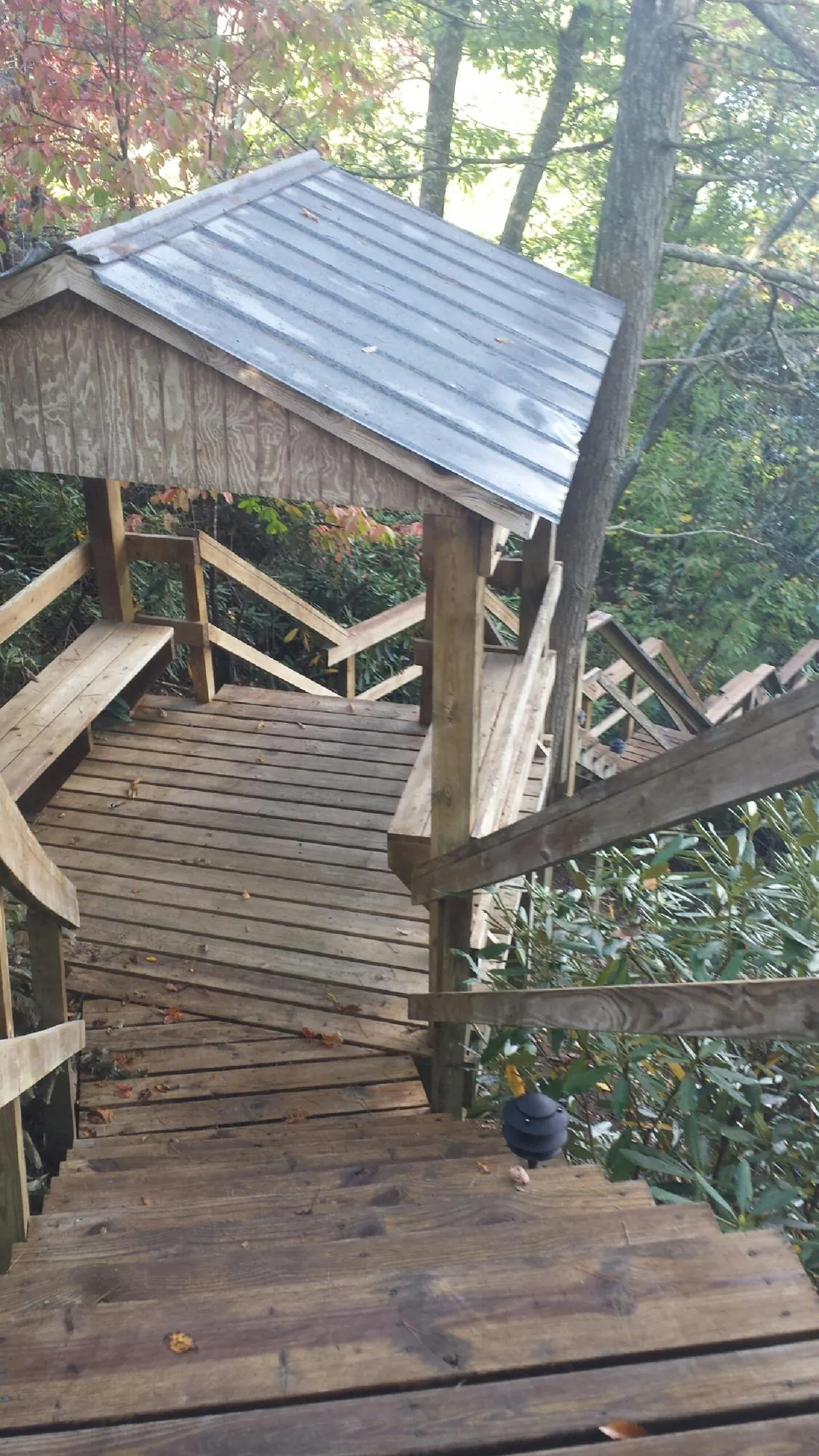 Metal roofed shelter over wooden steps on a wooded walkway — Skylight Repair & Installation work by our crew in Medora
